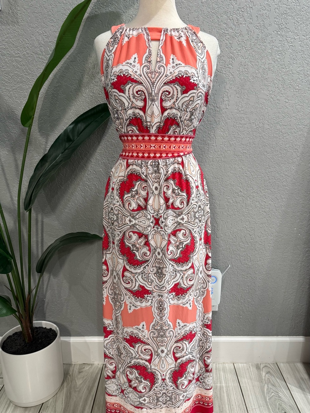 Studio One Coral and Red Paisley Halter Maxi Dress